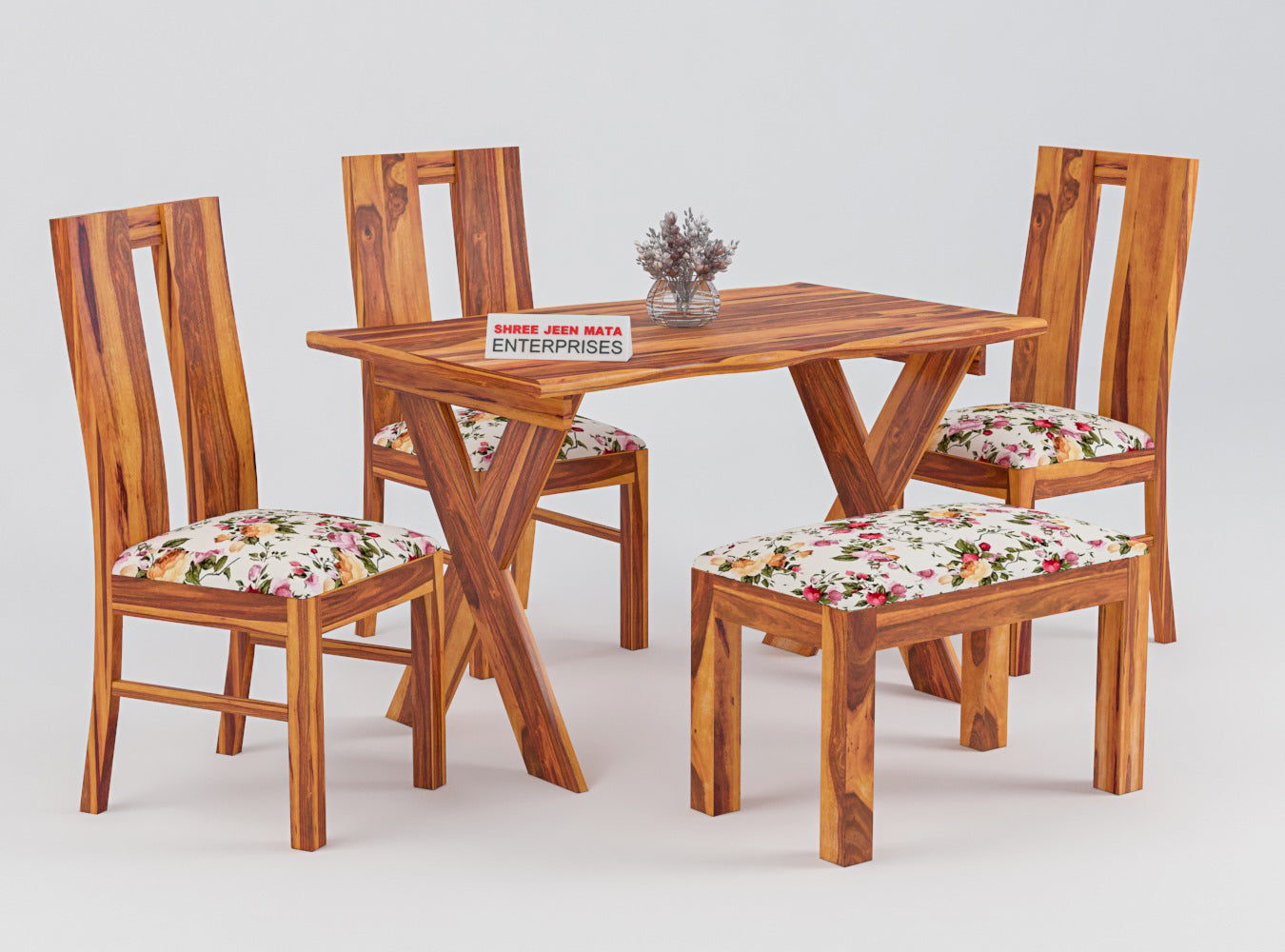 Solid Wood 4 Seater Dining Table Set | 3 Cushioned Chairs & 1 Bench