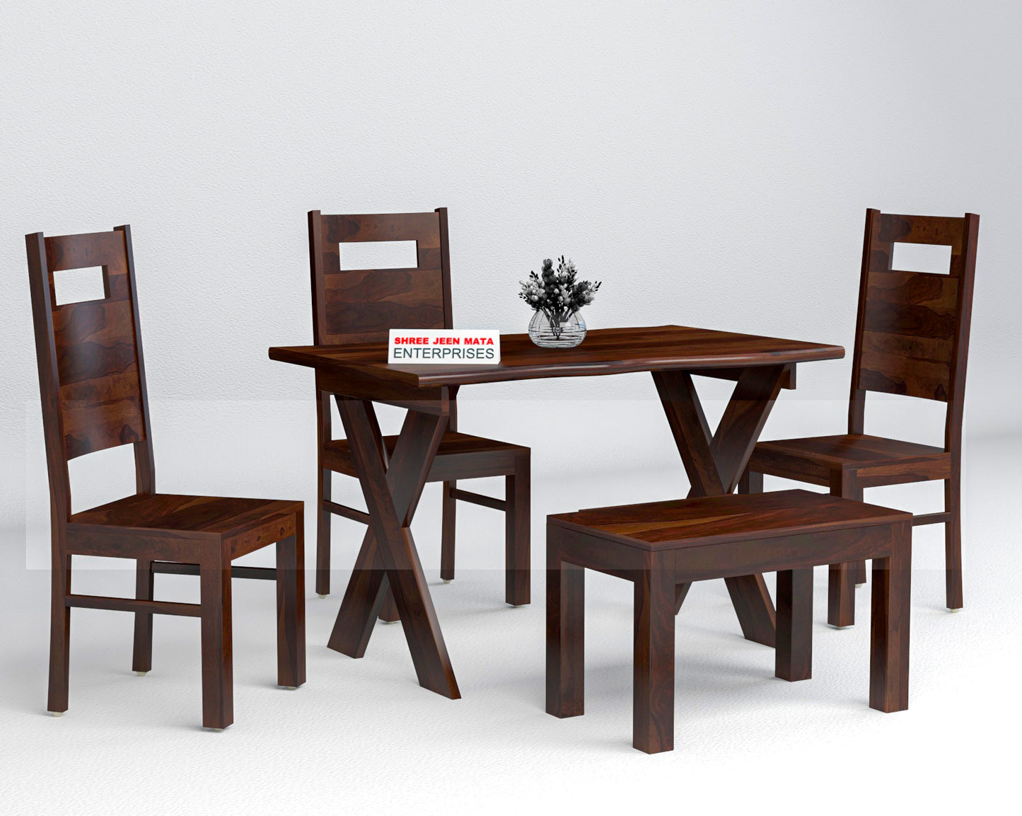 Solid Wood 4 Seater Dining Table Set with 3 Chairs & 1 Bench