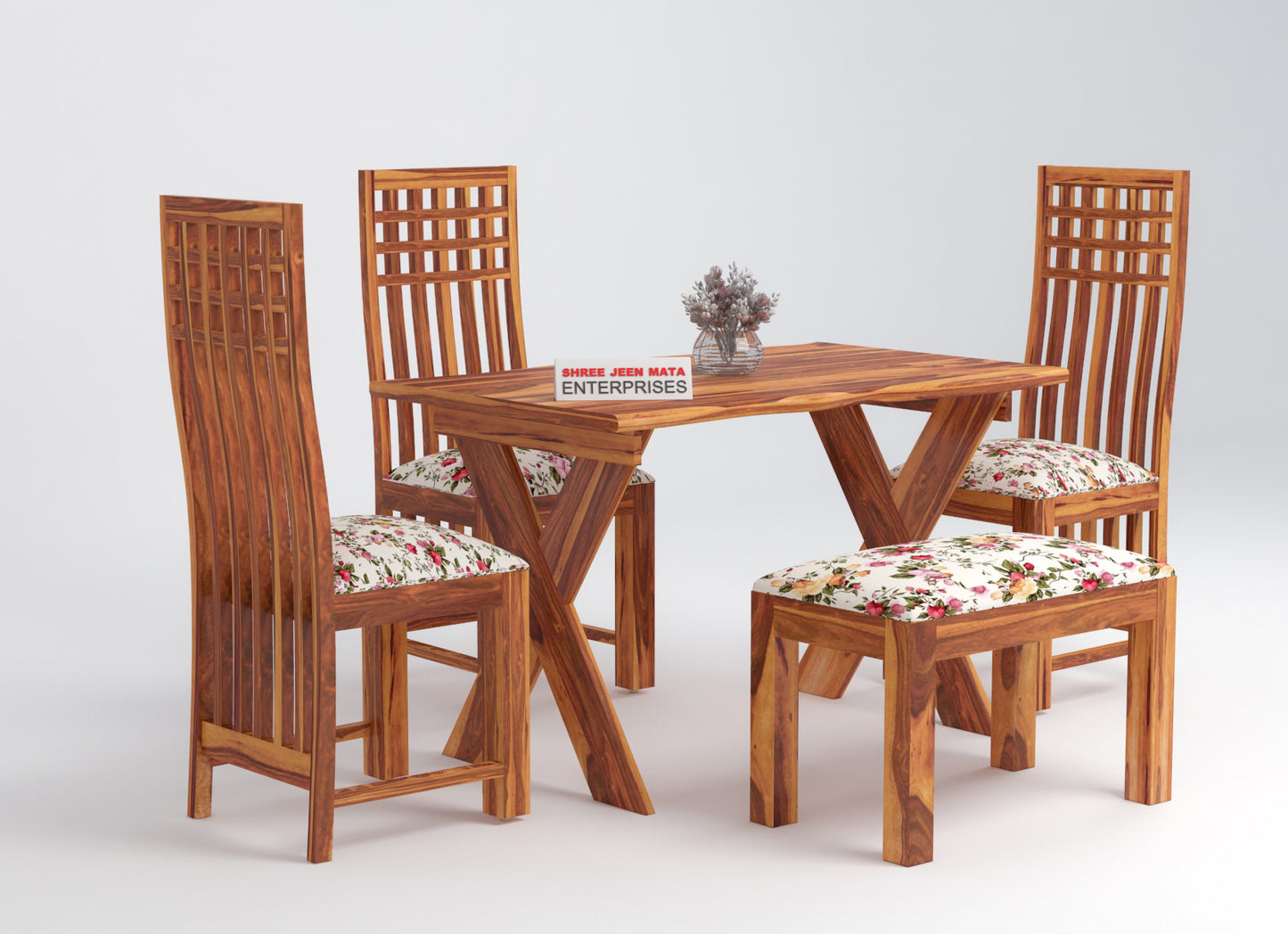 Solid Wood 4 Seater Dining Table Set with Foam Cushioned Chairs & Bench