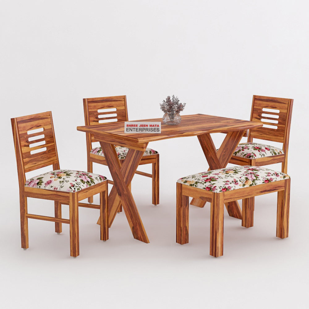 Solid Wood 4 Seater Dining Table Set with Foam Cushioned Chairs & Bench