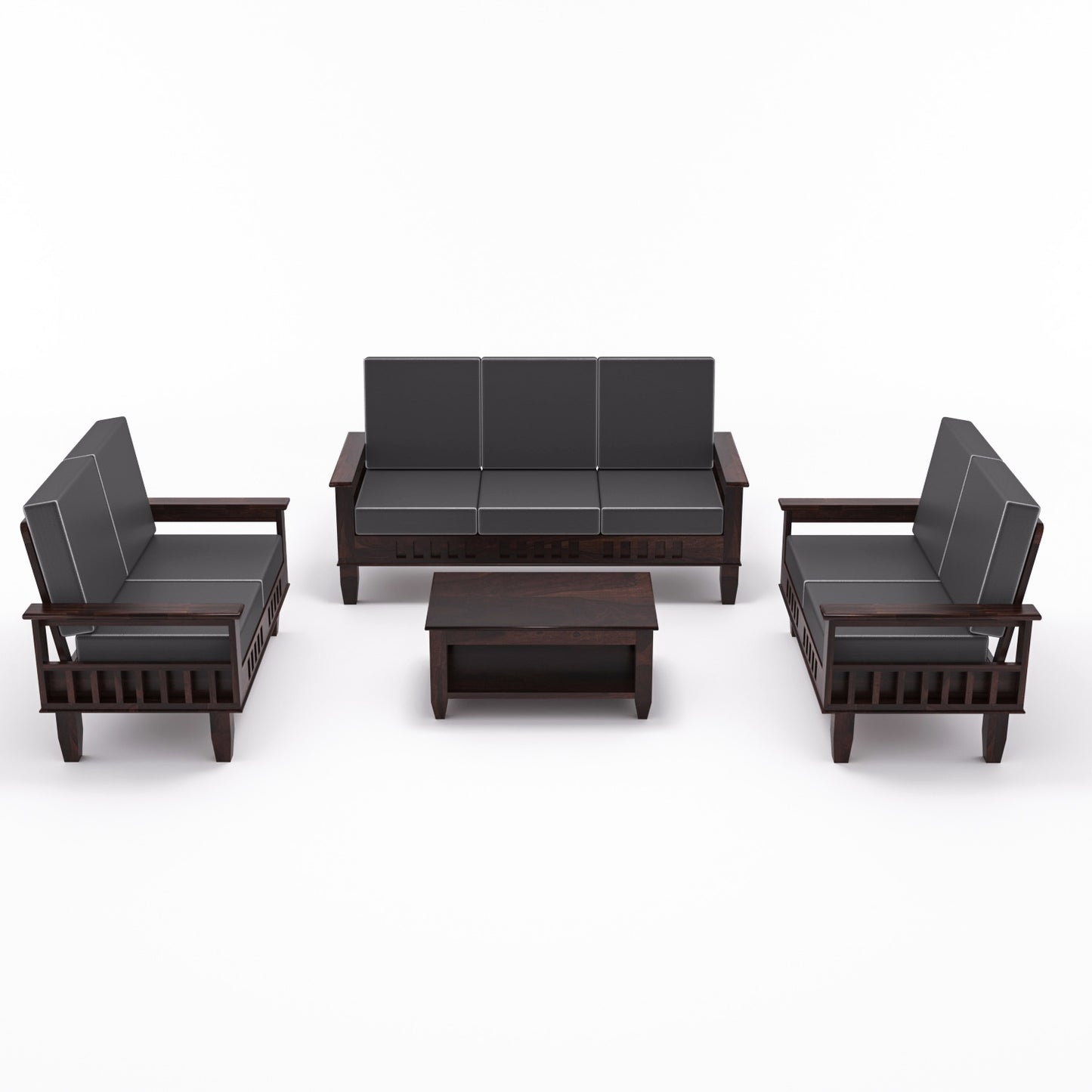 Solid Wood 7 Seater Sofa Set (3+2+2) with Cushioned Seating | Natural & Walnut Finish Wooden Sofa