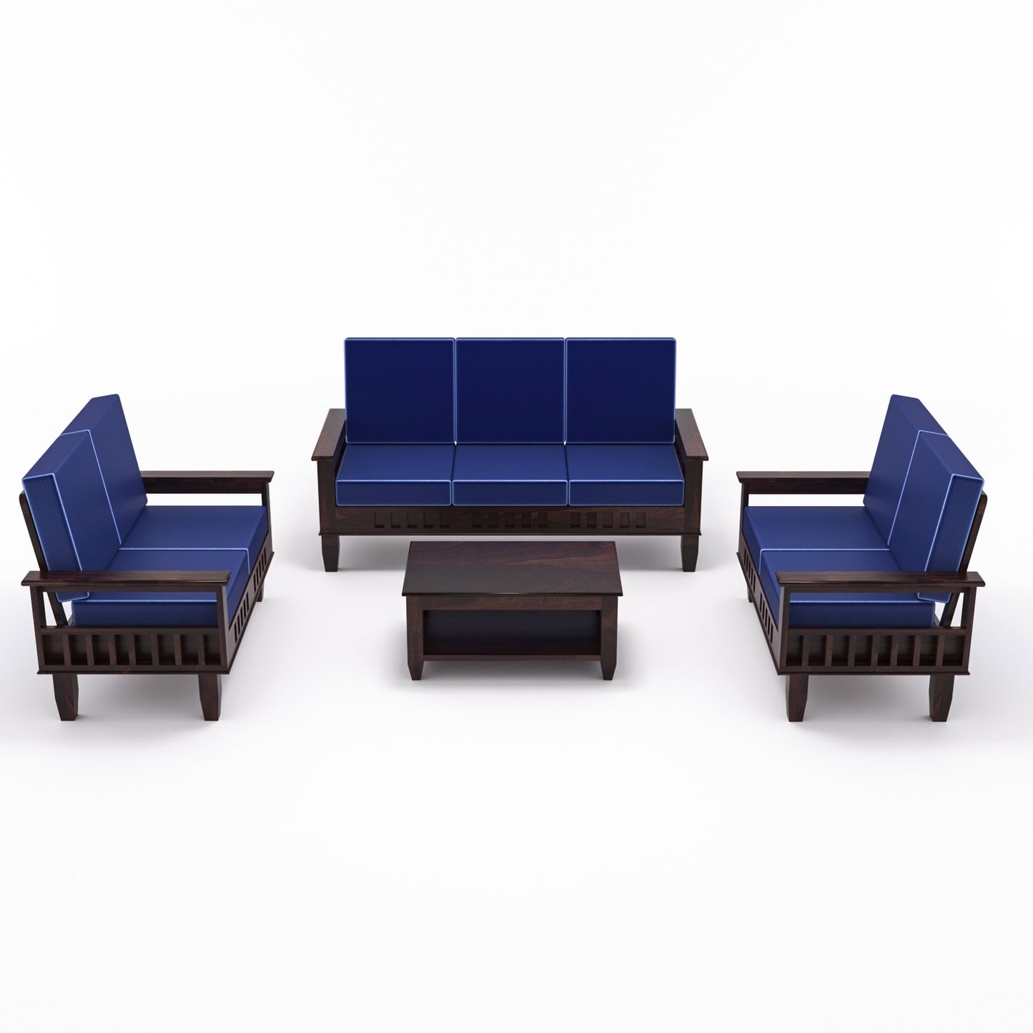 Solid Wood 7 Seater Sofa Set (3+2+2) with Cushioned Seating | Natural & Walnut Finish Wooden Sofa