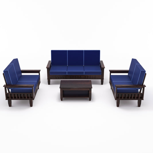 Solid Wood 7 Seater Sofa Set (3+2+2) with Cushioned Seating | Natural & Walnut Finish Wooden Sofa