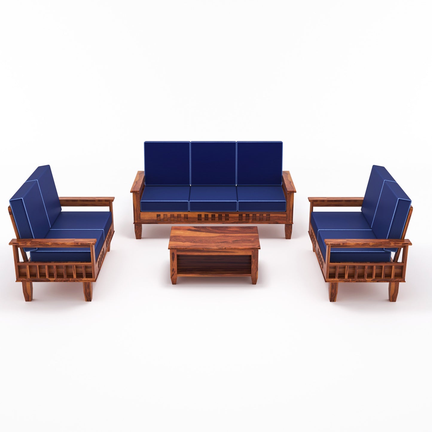 Solid Wood 7 Seater Sofa Set (3+2+2) with Cushioned Seating | Natural & Walnut Finish Wooden Sofa