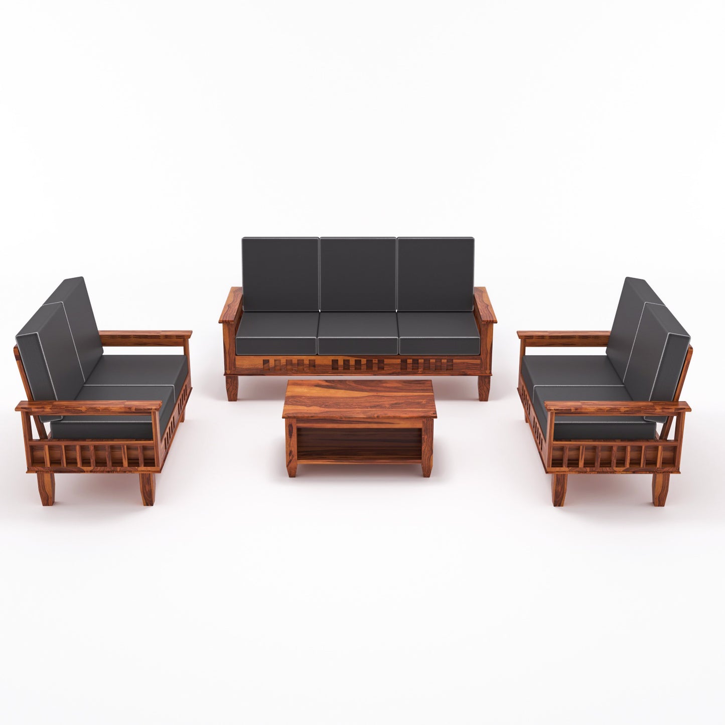 Solid Wood 7 Seater Sofa Set (3+2+2) with Cushioned Seating | Natural & Walnut Finish Wooden Sofa