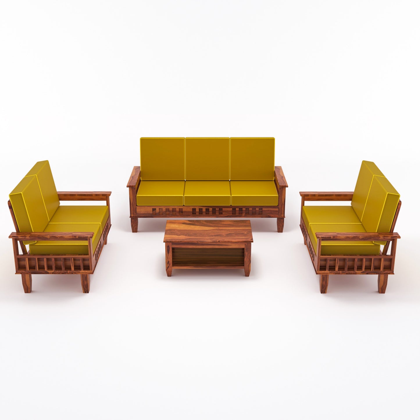 Solid Wood 7 Seater Sofa Set (3+2+2) with Cushioned Seating | Natural & Walnut Finish Wooden Sofa