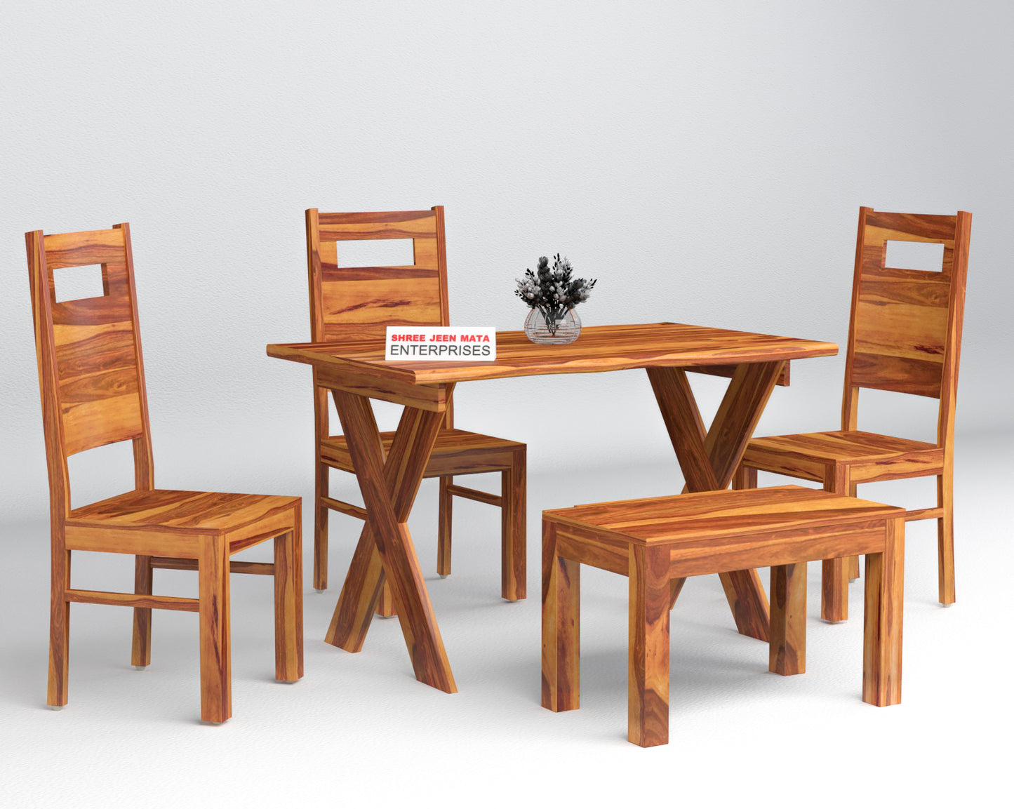 Solid Wood 4 Seater Dining Table Set with 3 Chairs & 1 Bench
