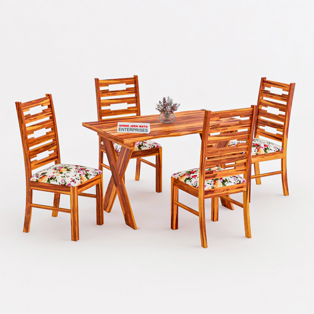 Solid Wood 4 Seater Dining Table Set with Cushioned Chairs