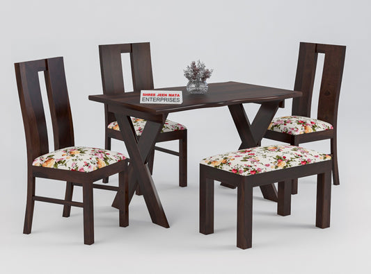 Solid Wood 4 Seater Dining Table Set | 3 Cushioned Chairs & 1 Bench
