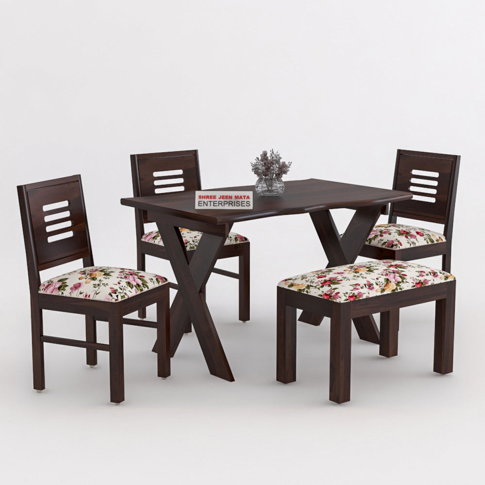 Solid Wood 4 Seater Dining Table Set with Foam Cushioned Chairs & Bench