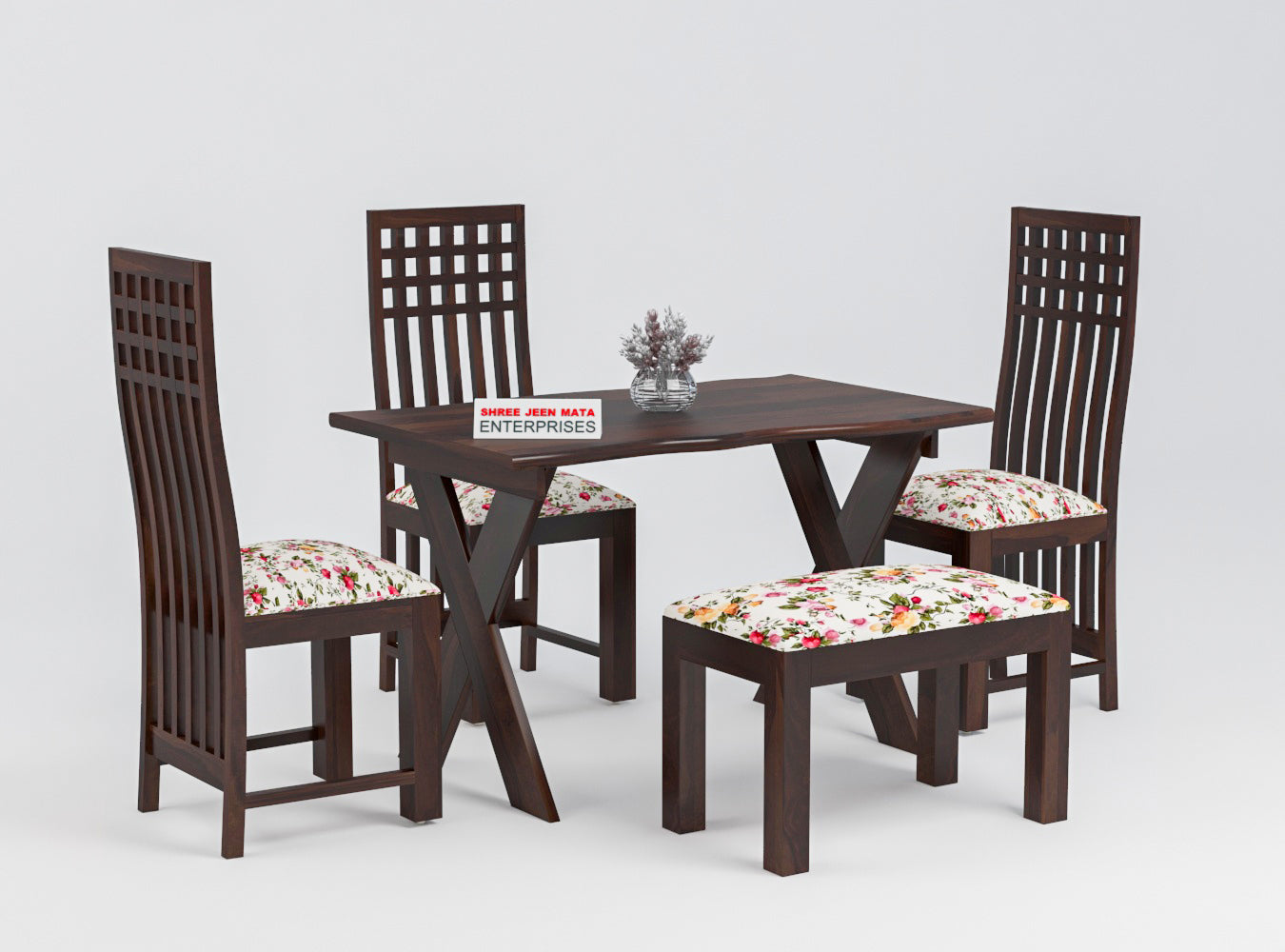 Solid Wood 4 Seater Dining Table Set with Foam Cushioned Chairs & Bench
