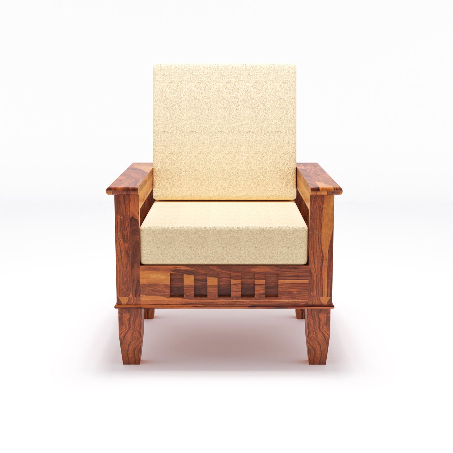Solid Wood Single Seater Sofa with Natural & Walnut Finish and Cushioned Comfort