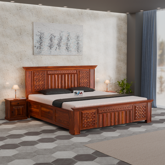 King Size Solid Sheesham Wood Bed with Storage