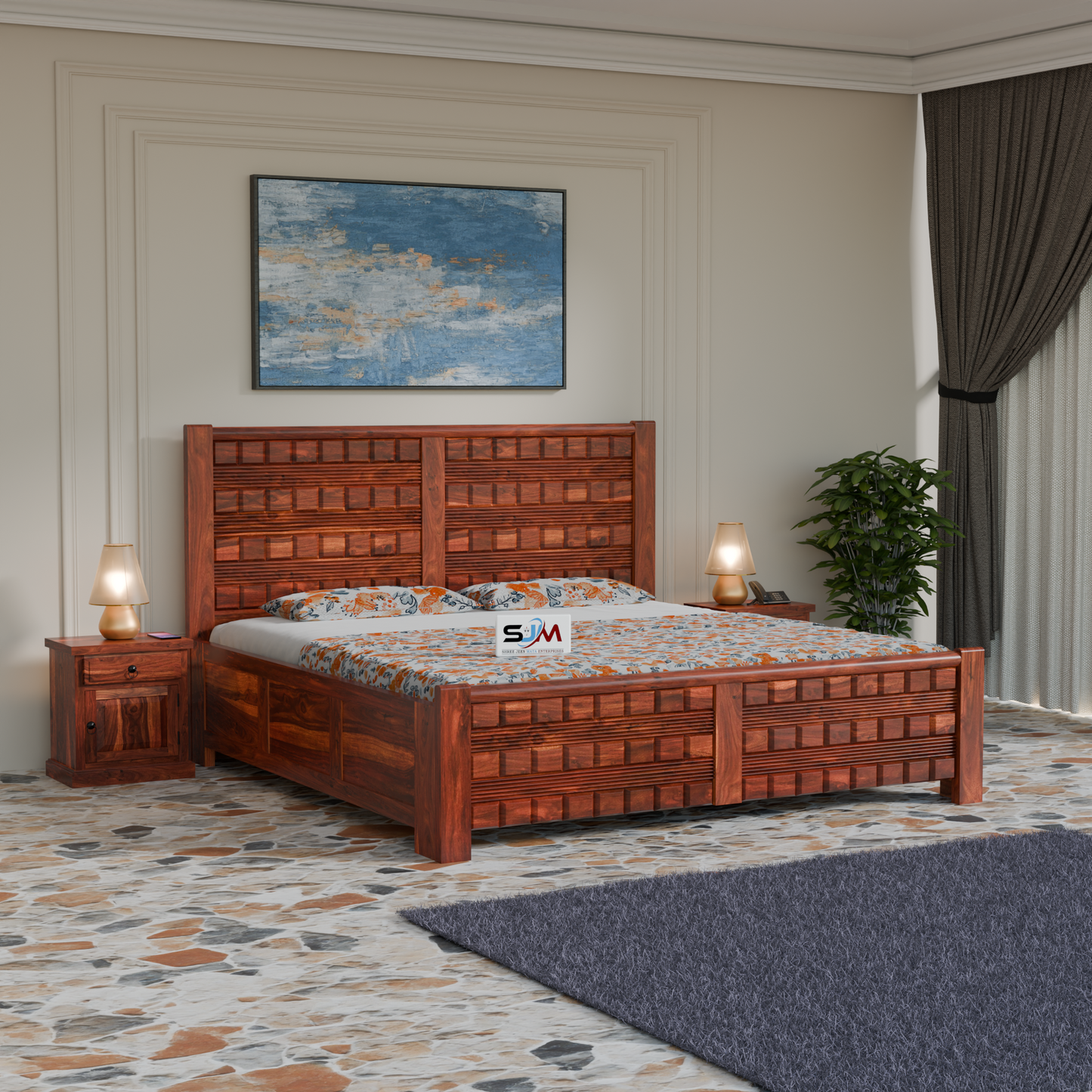 Solid Sheesham Wood Storage Bed with 3D Designer Headboard