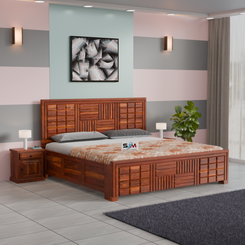 Solid Sheesham Wood Storage Bed with Designer Headboard