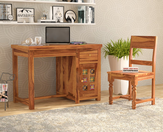 Solid Sheesham Wood Study Table with Storage & Matching Chair