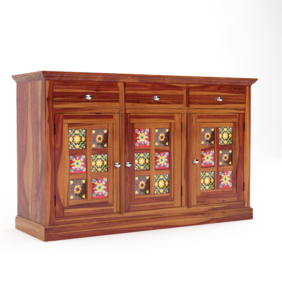 Solid Teak Wood Storage Cabinet with Handcrafted Tile Doors