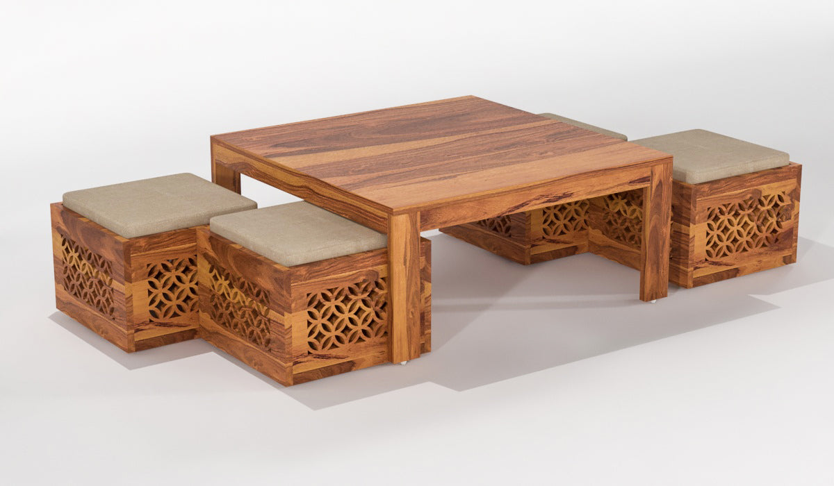 Handcrafted Solid Wood Coffee Table with Carved Ottoman Stools