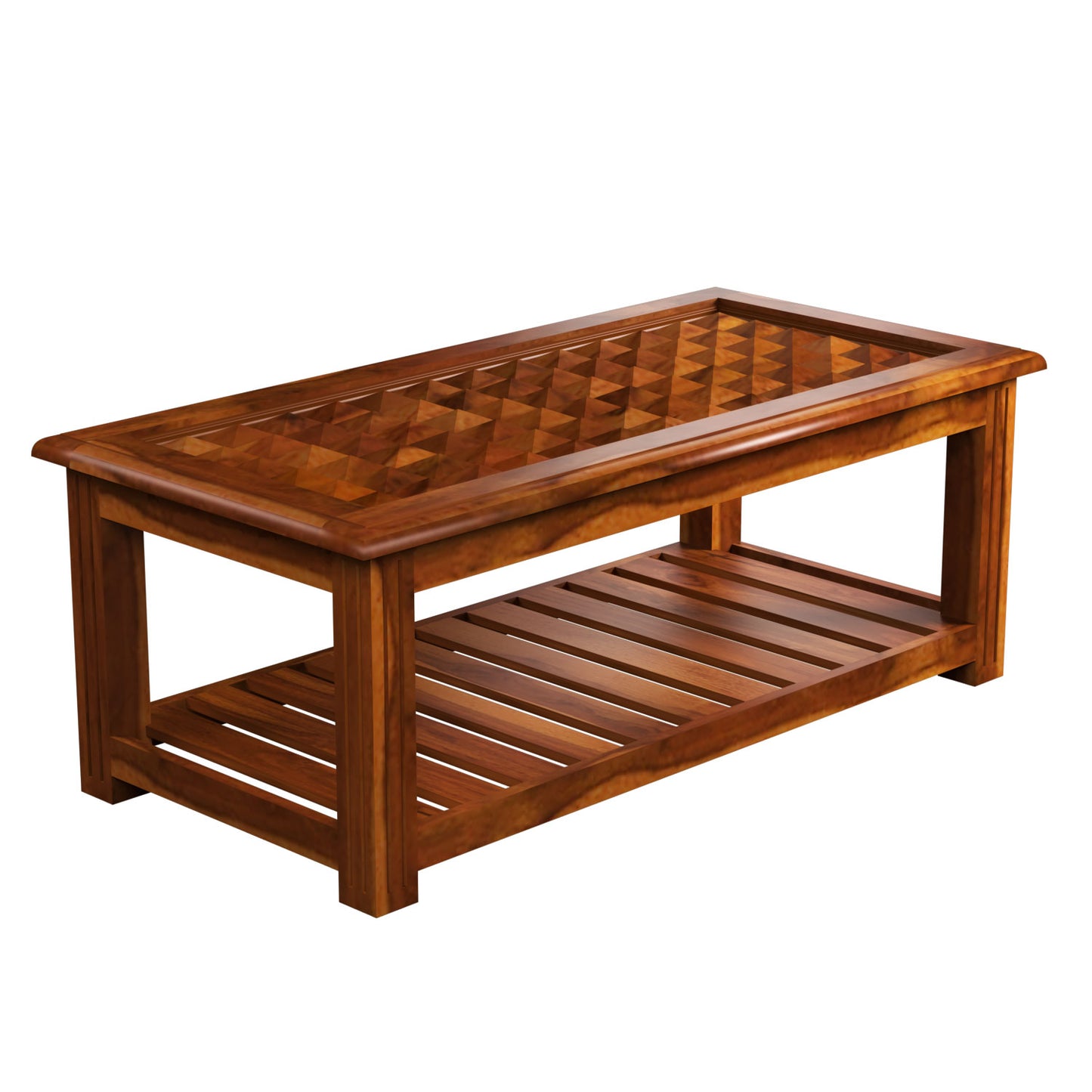 Handcrafted Solid Wood Coffee Table with Carved & Tile-Inlay Top and Storage Shelf