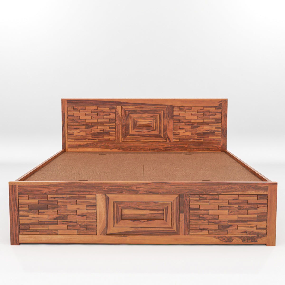 Solid Wood Storage Bed with Designer Panel Headboard – King Size Wooden Bed