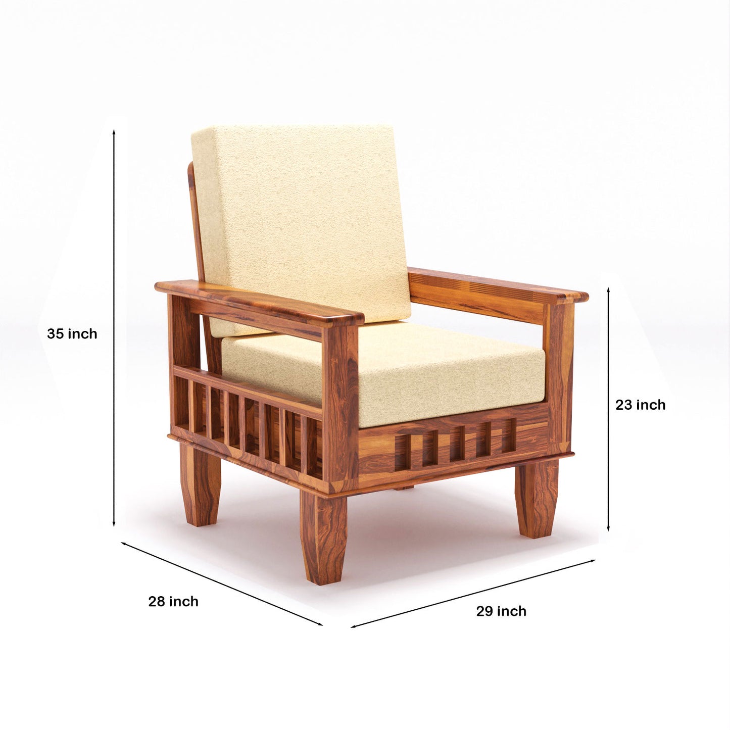 Solid Wood 5 Seater Sofa Set (3 Seater + 2 Single Seaters) | Natural & Walnut Finish with Cushioned Comfort