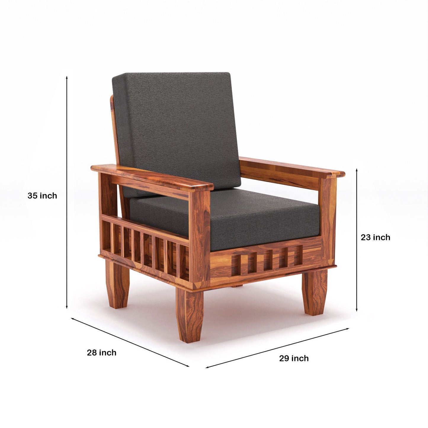 Solid Wood Single Seater Sofa with Natural & Walnut Finish and Cushioned Comfort