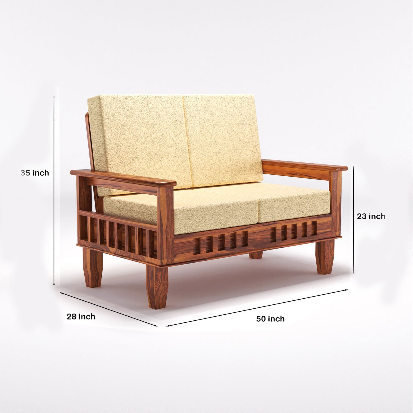 Premium Solid Wood 2 Seater Sofa with Cushions | Natural & Walnut Finish
