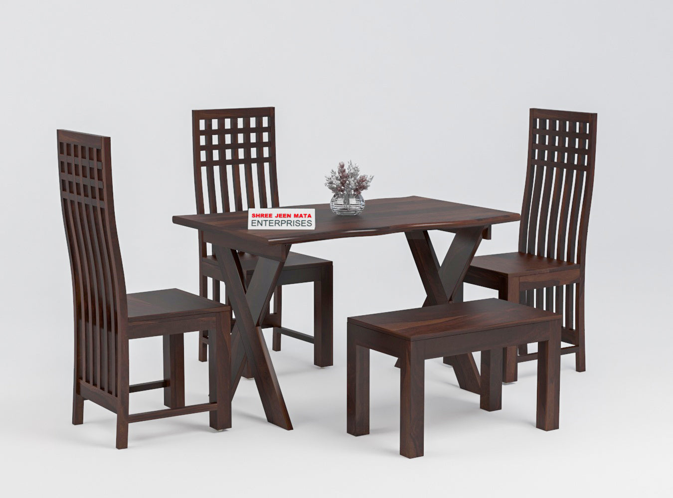 Solid Wood 4 Seater Dining Table Set with 3 Chairs & 1 Bench
