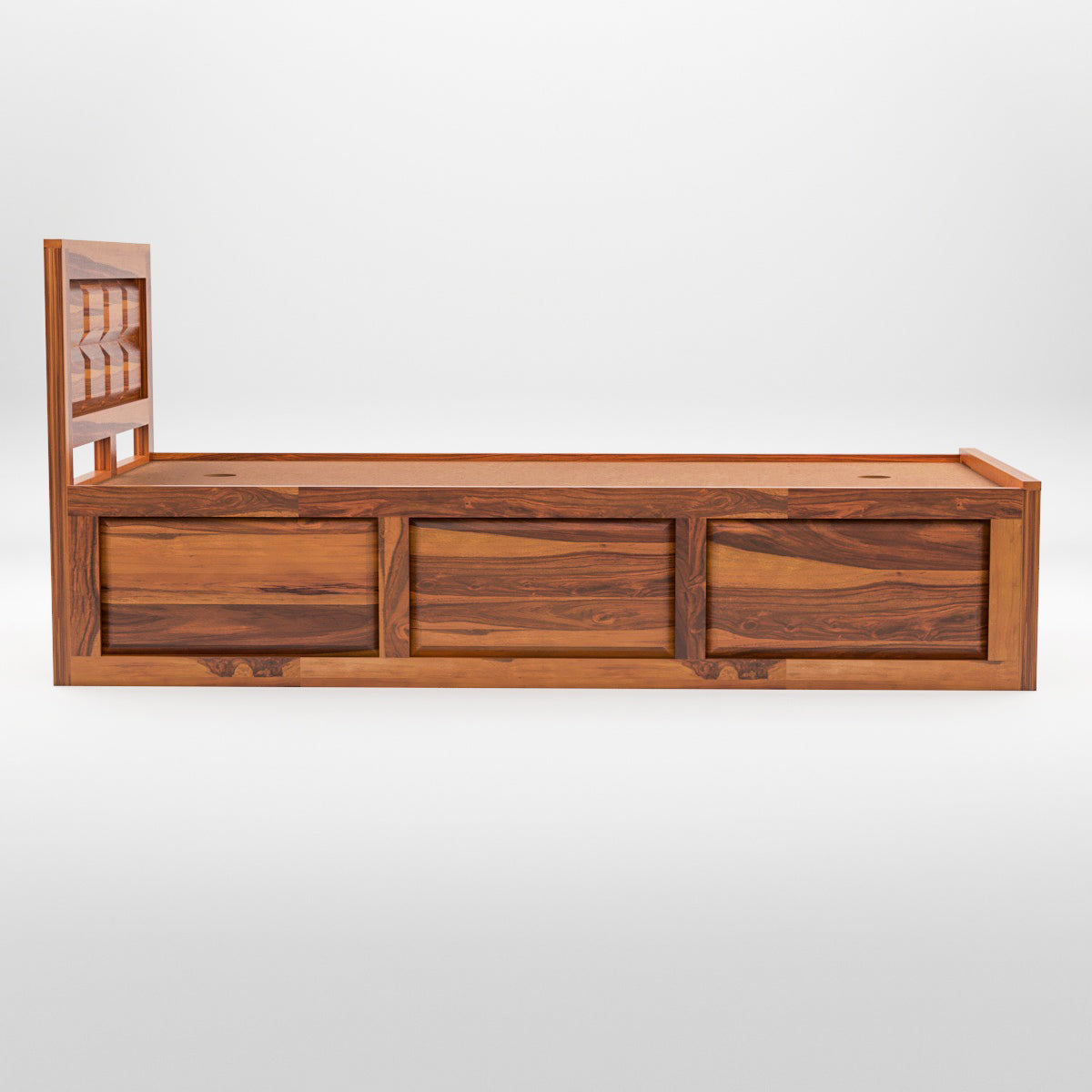 Solid Wood Single Bed with Box Storage & Geometric Panel Design