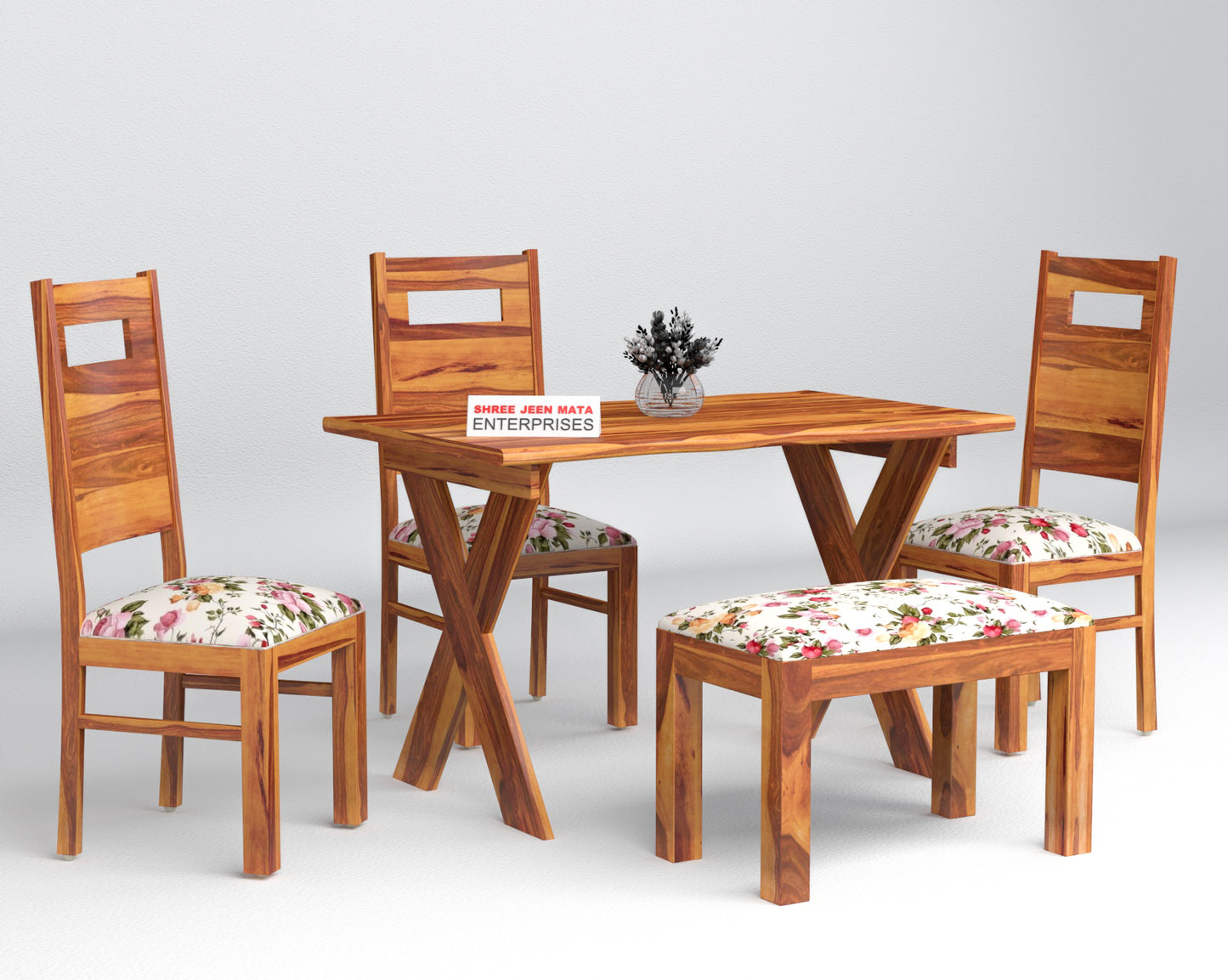 Solid Wood 4 Seater Dining Table Set with 3 Chairs & 1 Upholstered Bench