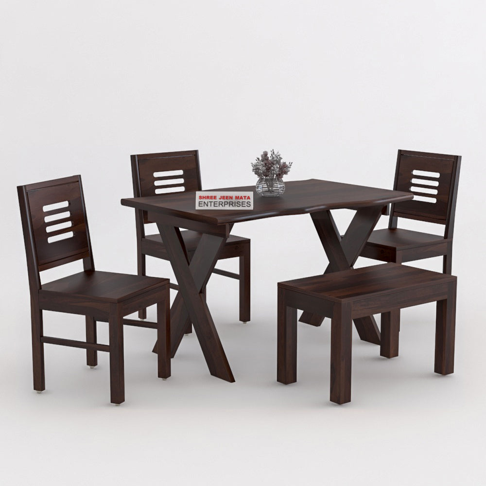 Modern Solid Wood 4 Seater Dining Table Set with 3 Chairs & 1 Bench
