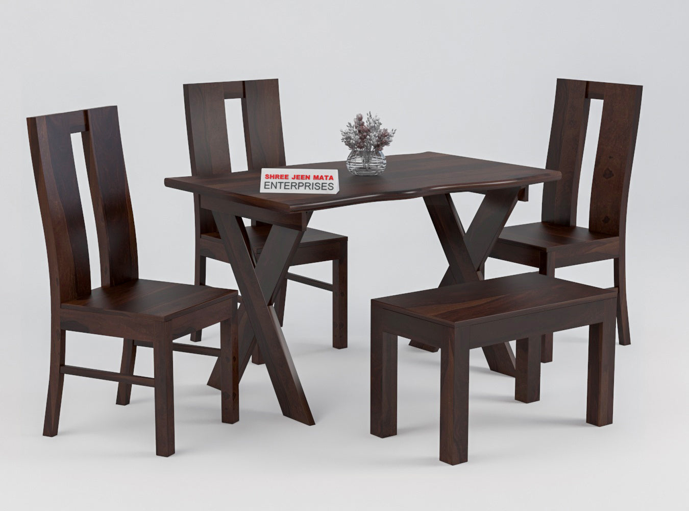 Modern Solid Wood 4 Seater Dining Set with Chairs & Bench