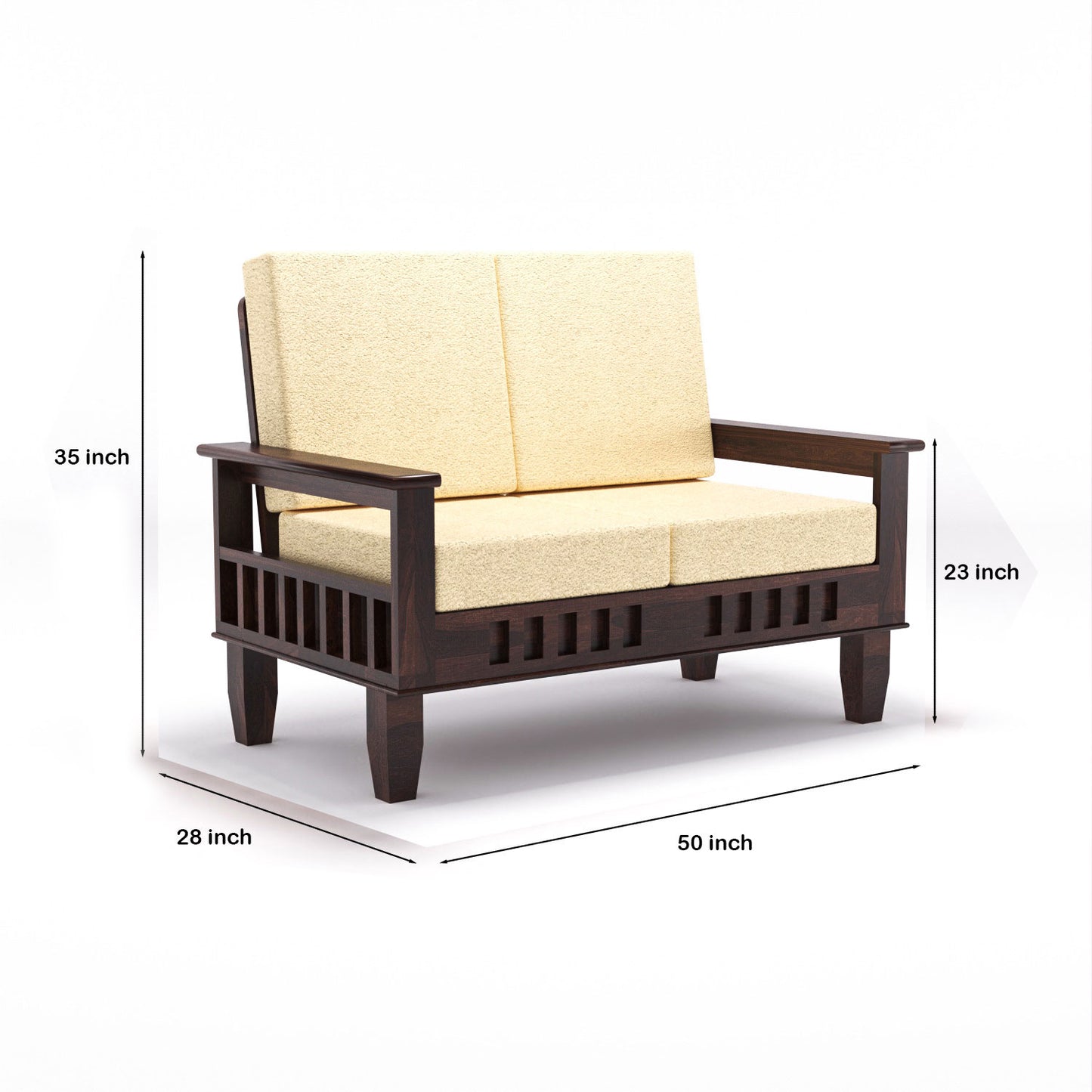 Premium Solid Wood 2 Seater Sofa with Cushions | Natural & Walnut Finish