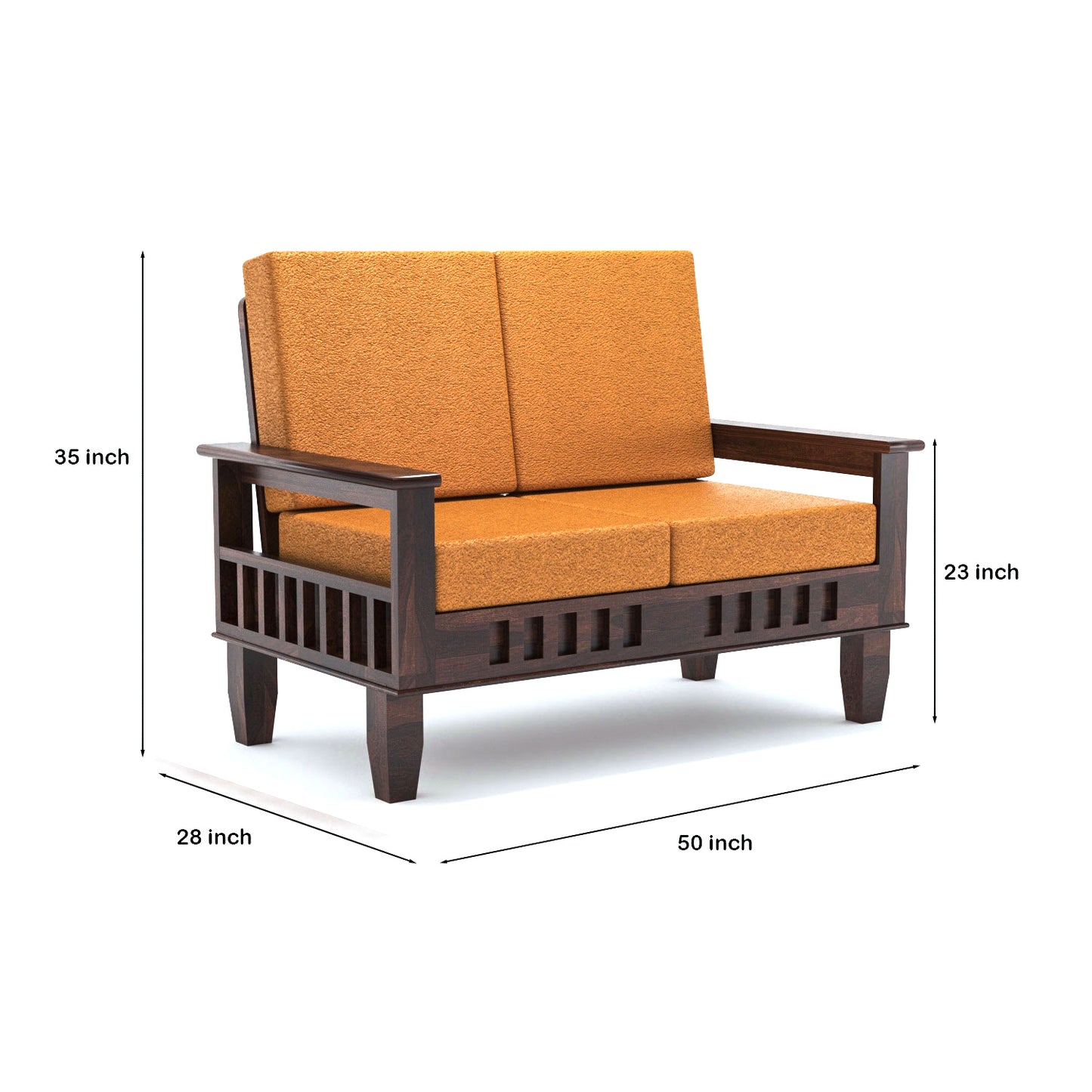 Premium Solid Wood 2 Seater Sofa with Cushions | Natural & Walnut Finish