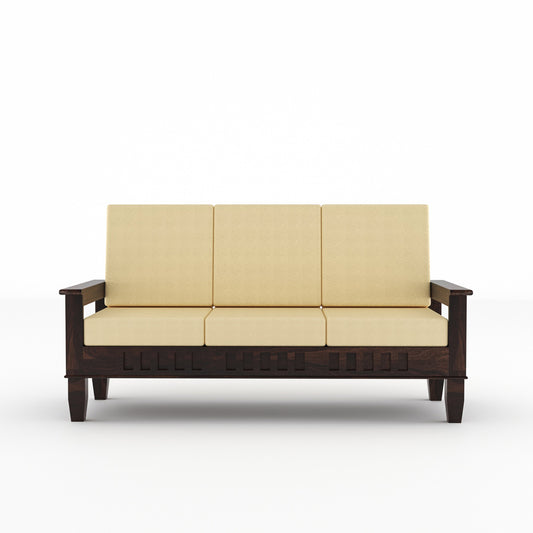 Solid Wood Three Seater Sofa with Cushioned Seating | Natural & Walnut Finish Wooden Sofa