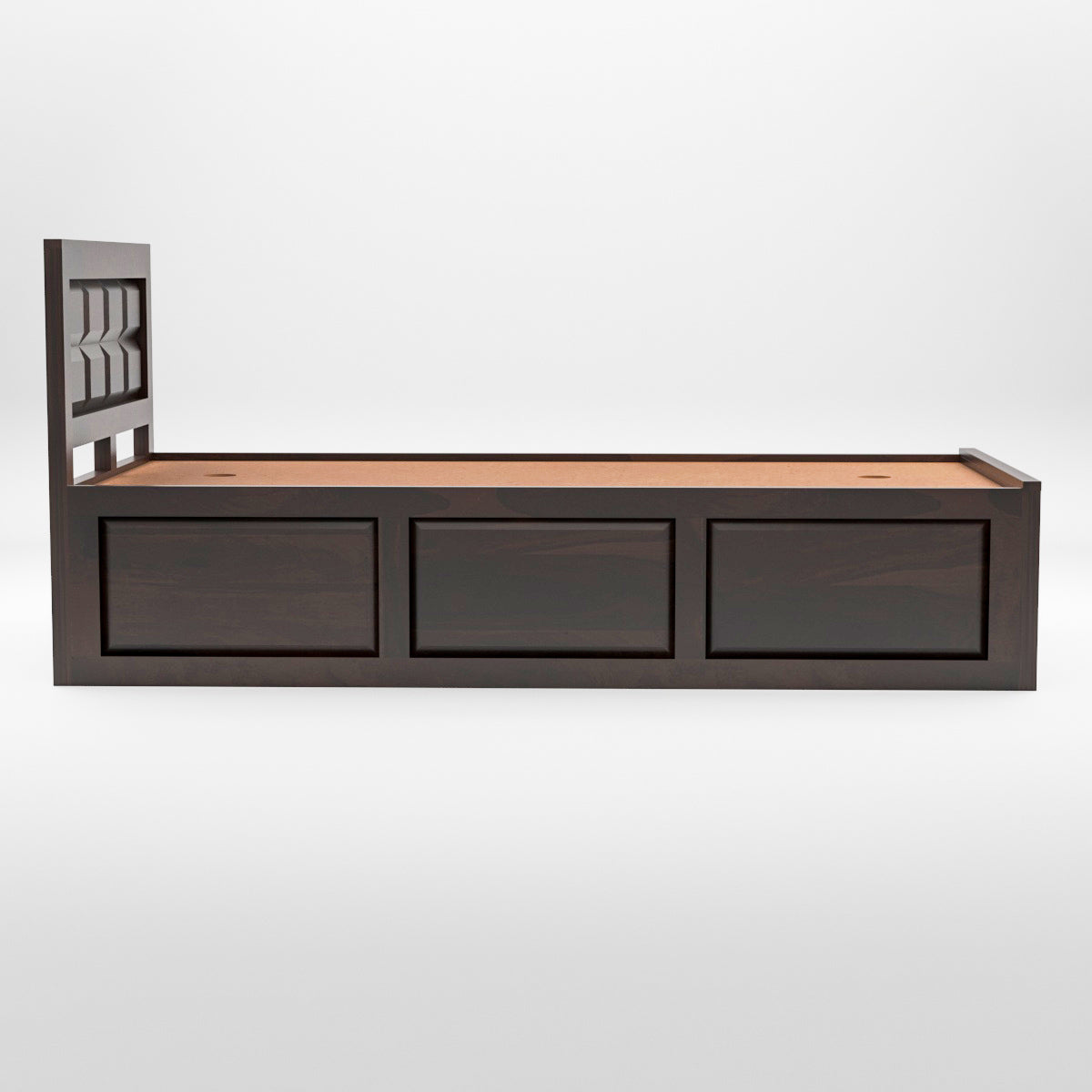 Solid Wood Single Bed with Box Storage & Geometric Panel Design