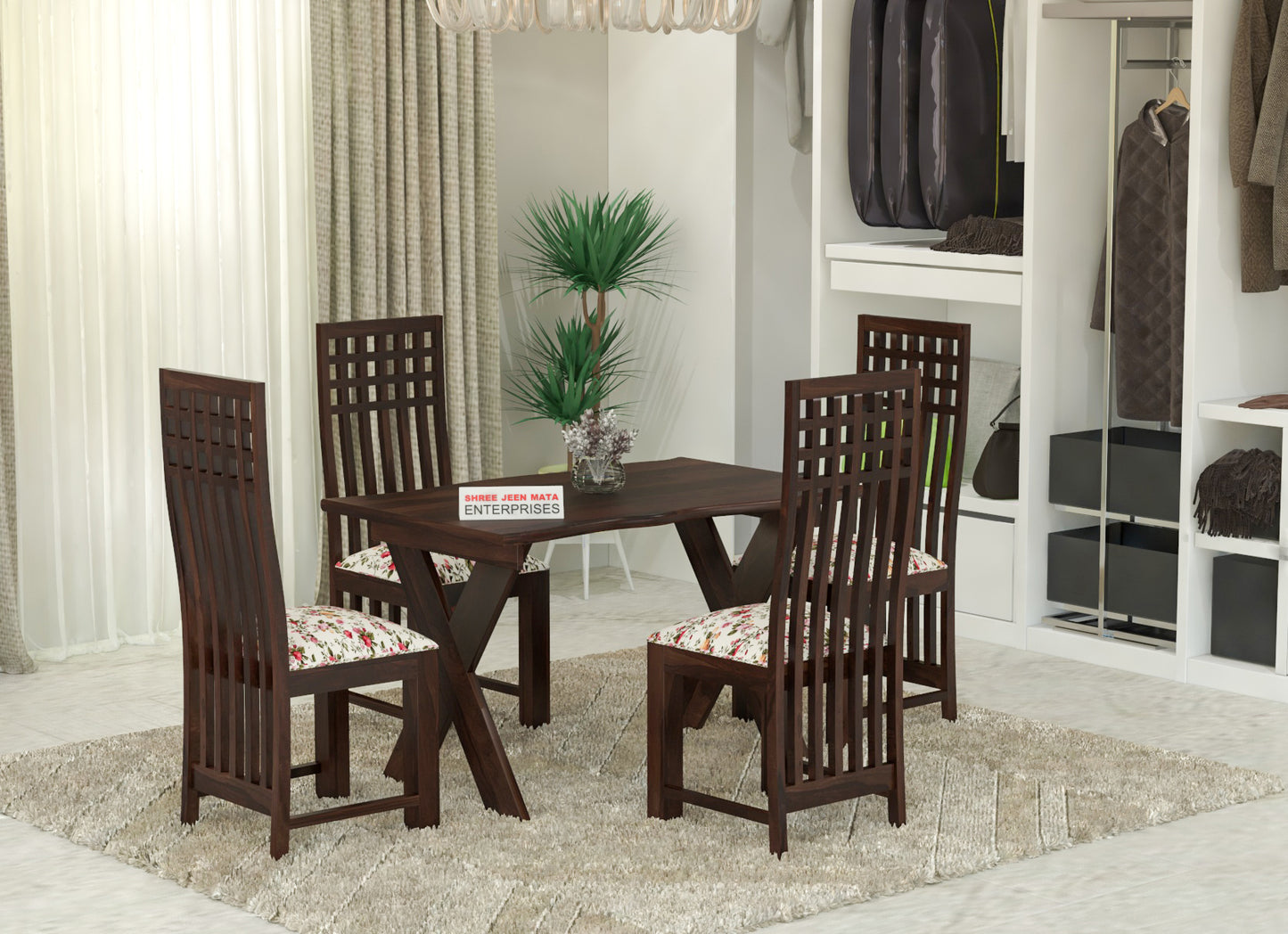 Solid Wood 4 Seater Dining Table Set with 4 Chairs – X-Leg Design