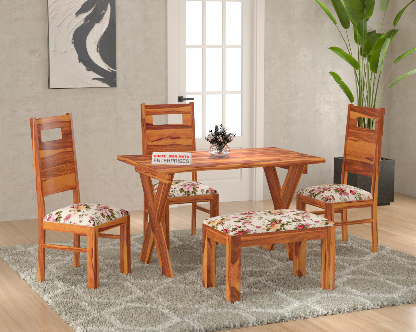 Solid Wood 4 Seater Dining Table Set with 3 Chairs & 1 Upholstered Bench