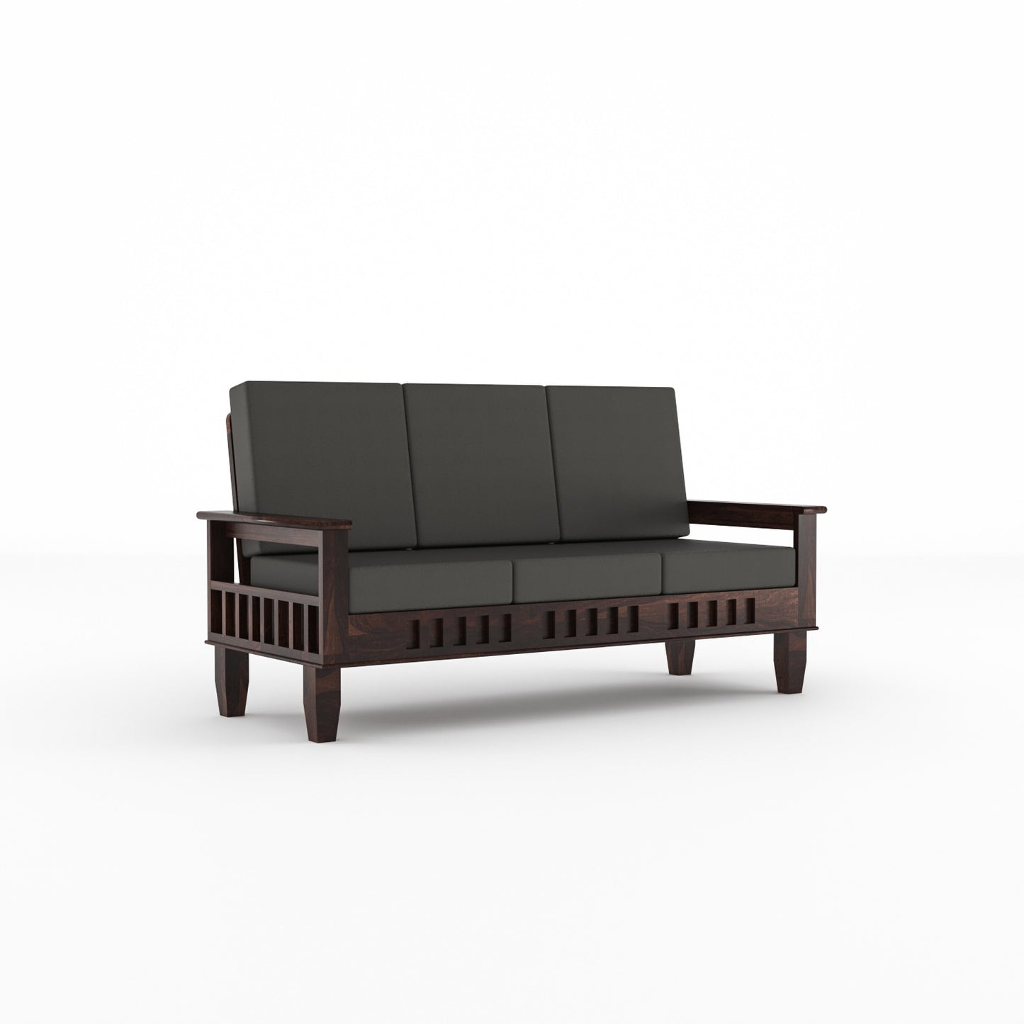 Solid Wood Three Seater Sofa with Cushioned Seating | Natural & Walnut Finish Wooden Sofa