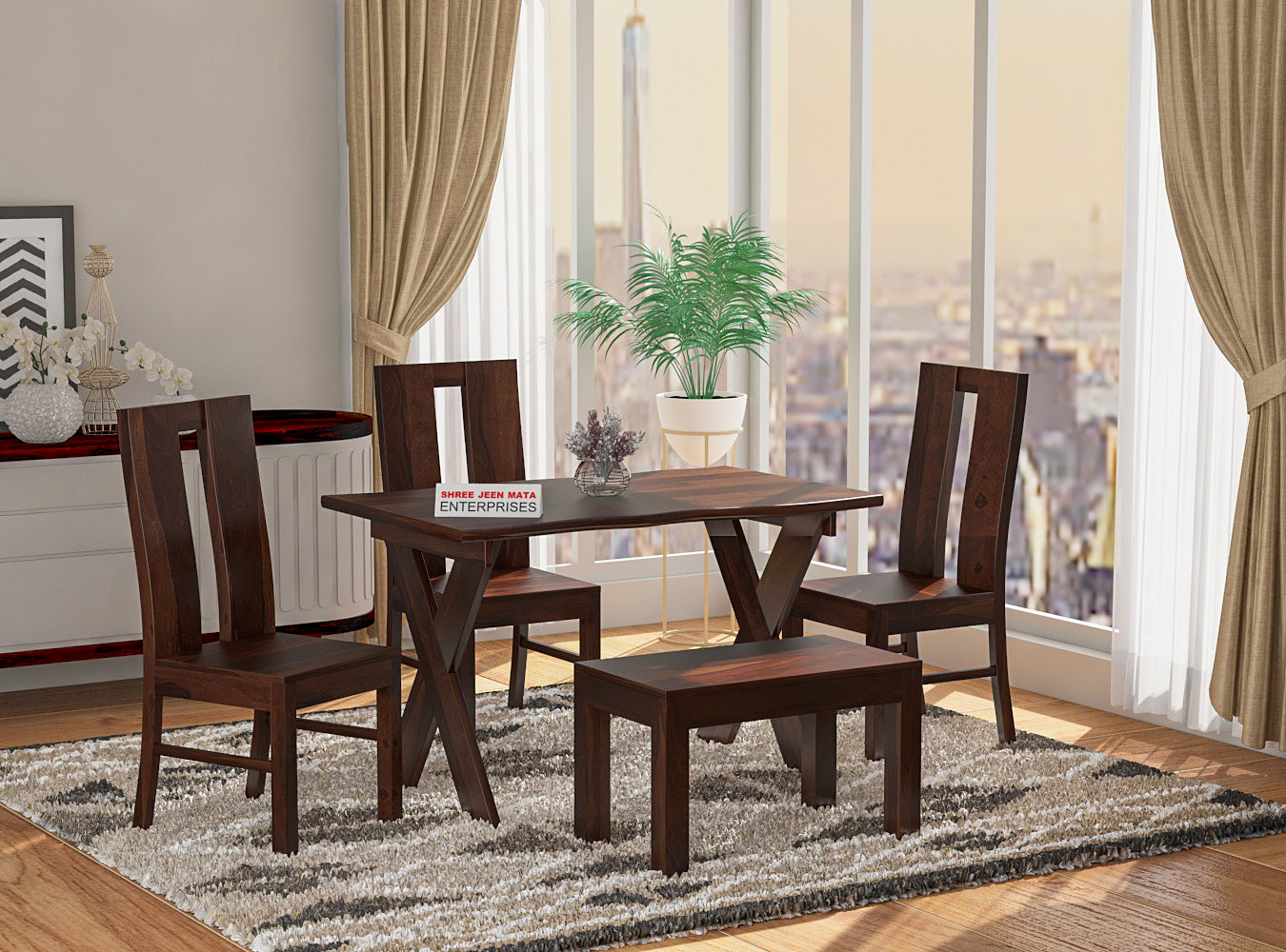 Modern Solid Wood 4 Seater Dining Set with Chairs & Bench