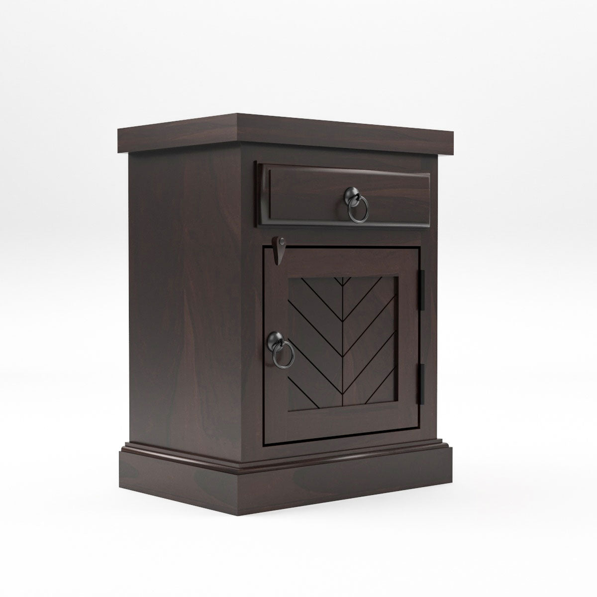 Solid Wood Bedside Table with Chevron Design Door & Drawer