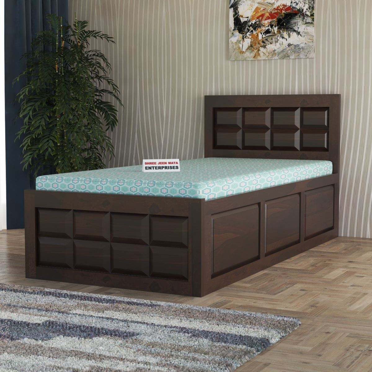 Solid Wood Single Bed with Box Storage & Geometric Panel Design