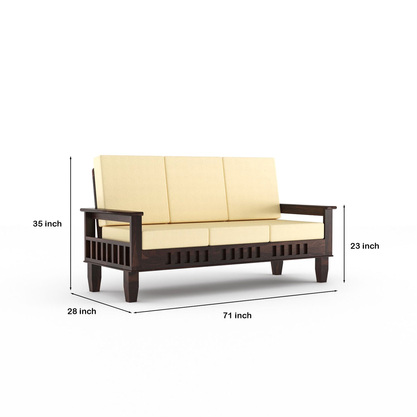 Solid Wood Three Seater Sofa with Cushioned Seating | Natural & Walnut Finish Wooden Sofa