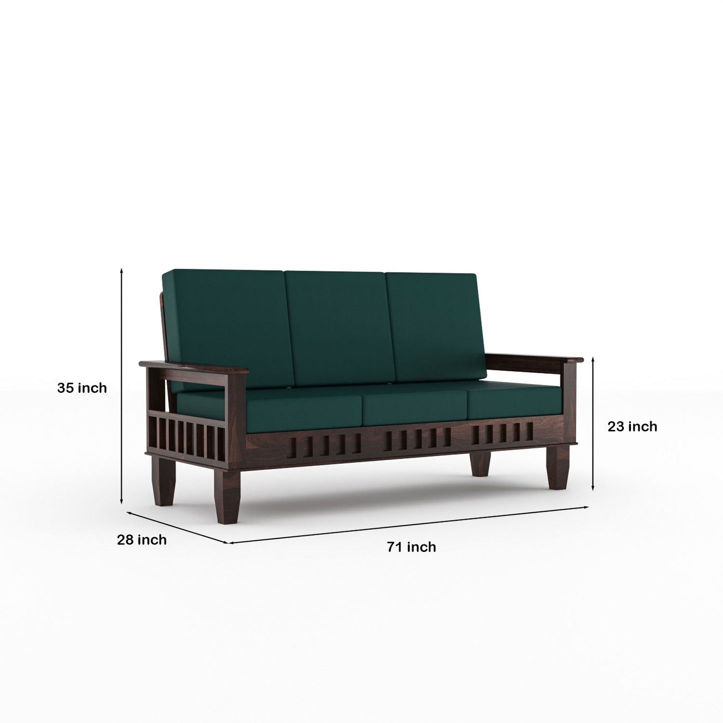 Solid Wood Three Seater Sofa with Cushioned Seating | Natural & Walnut Finish Wooden Sofa