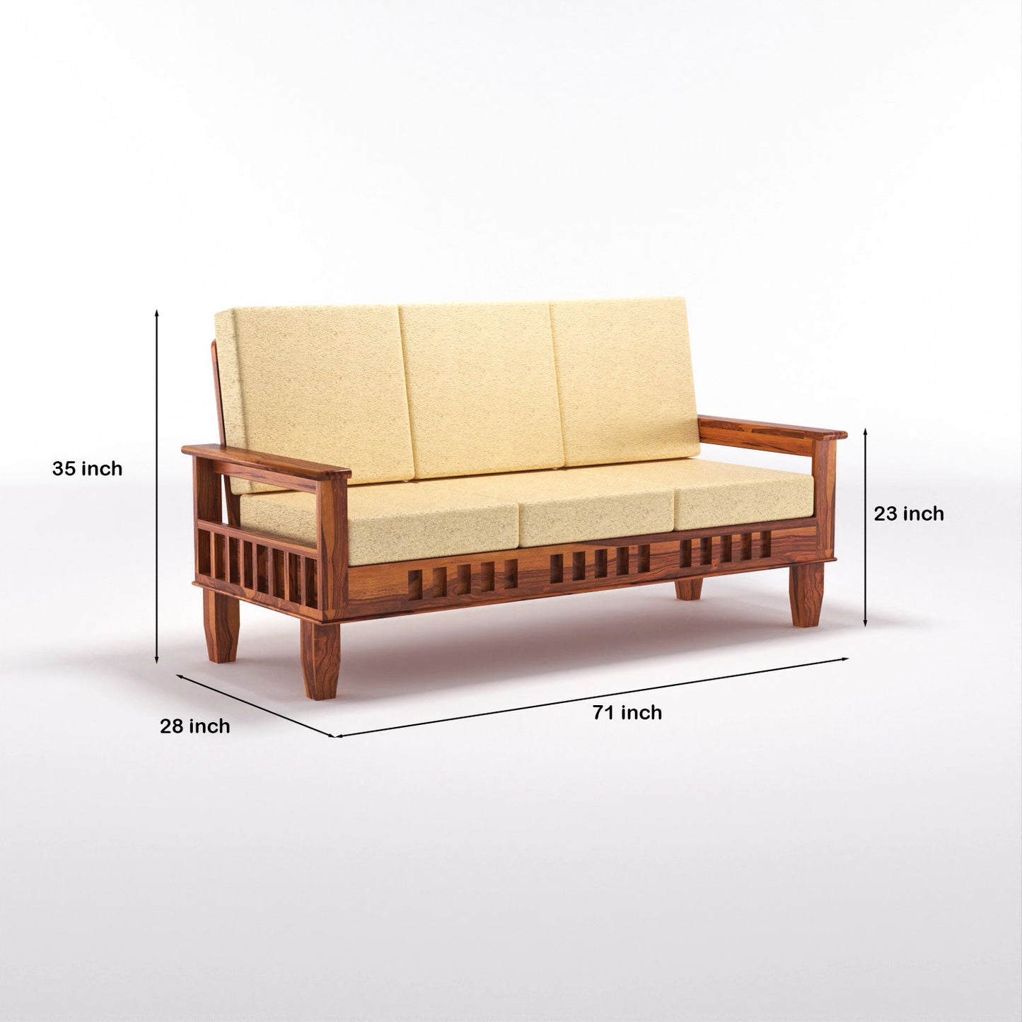 Solid Wood Three Seater Sofa with Cushioned Seating | Natural & Walnut Finish Wooden Sofa