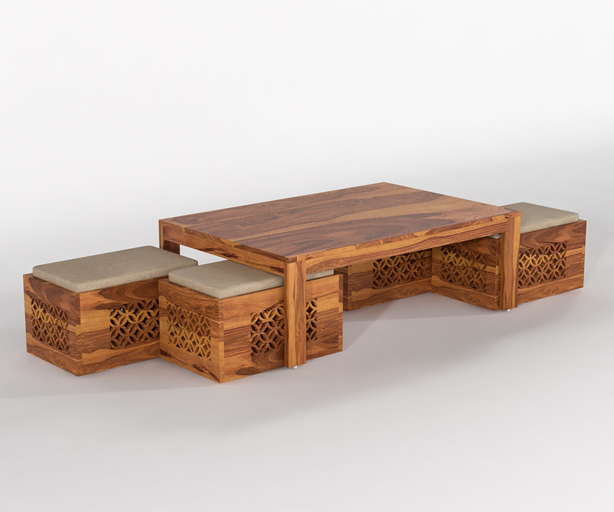 Solid Wood Coffee Table with 4 Stools