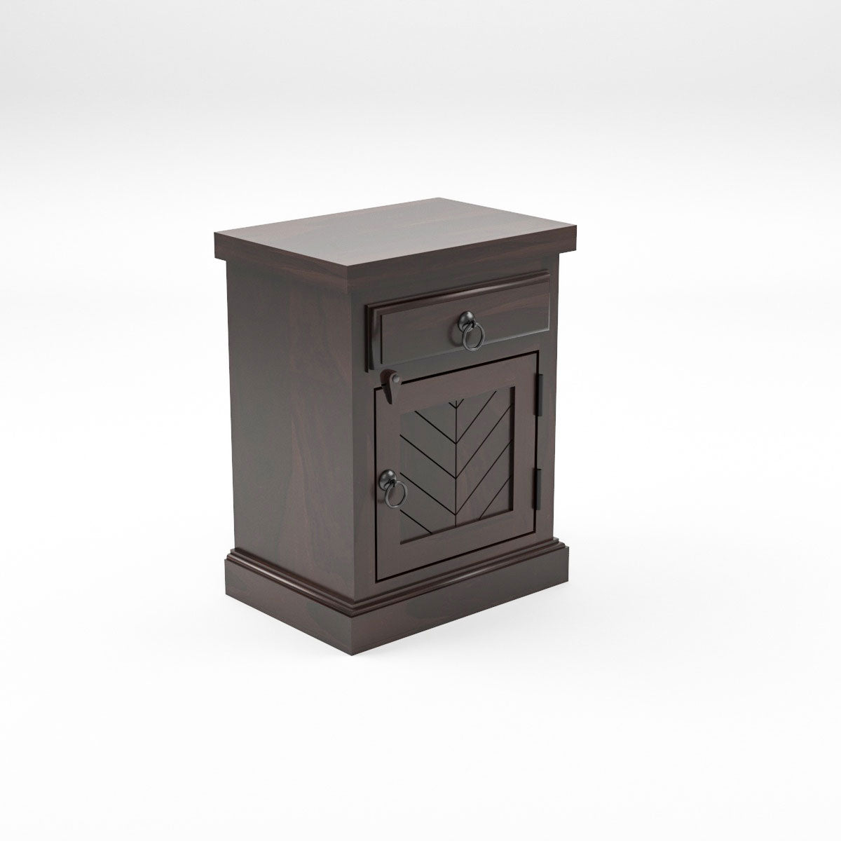 Solid Wood Bedside Table with Chevron Design Door & Drawer