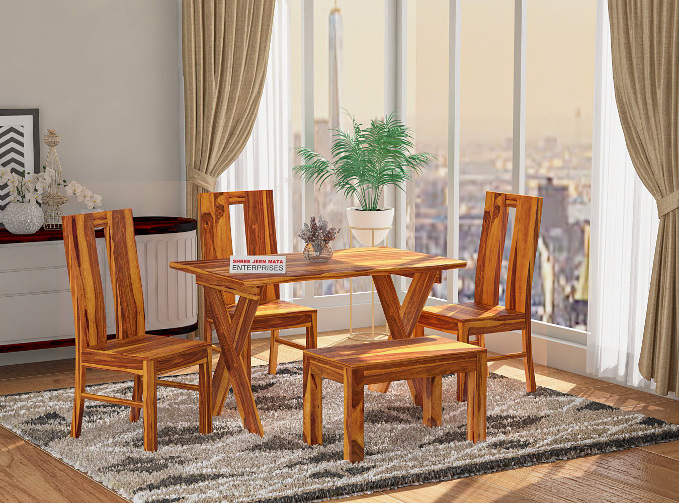Modern Solid Wood 4 Seater Dining Set with Chairs & Bench