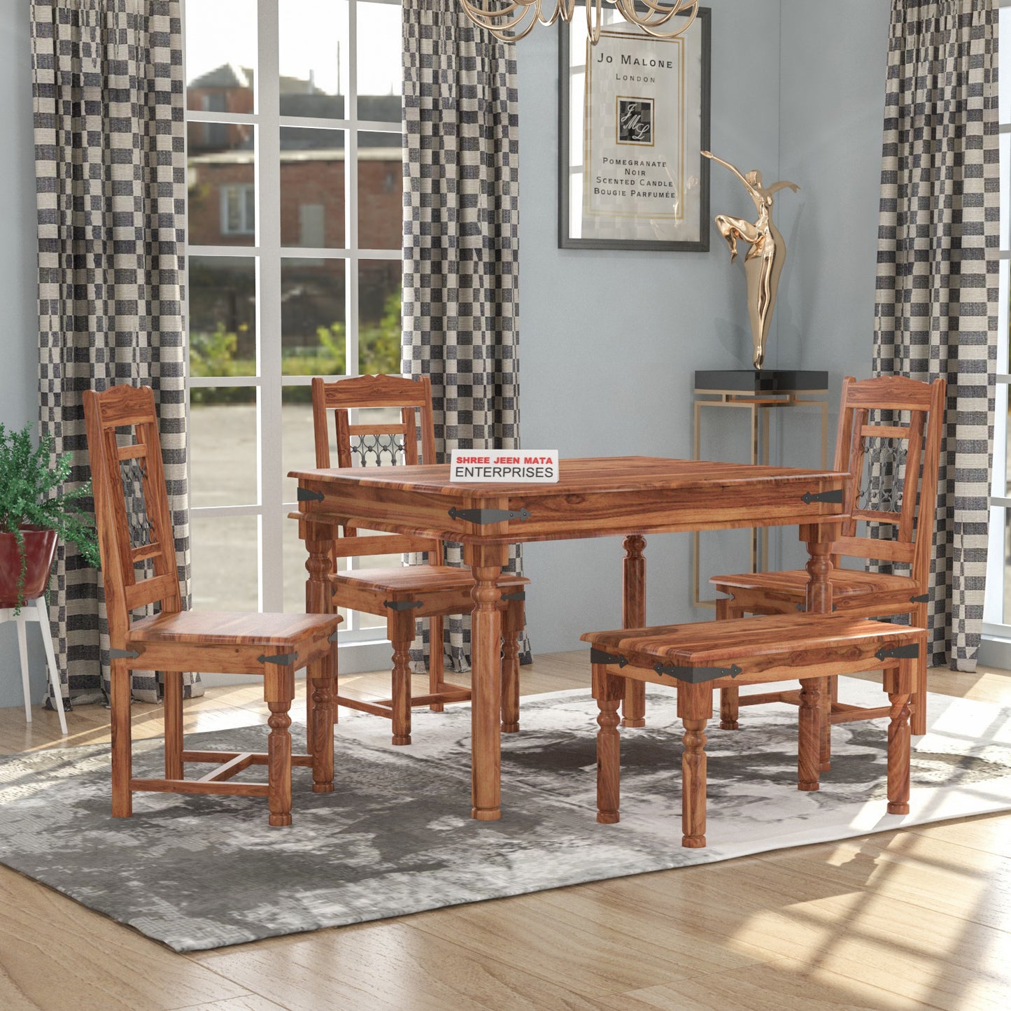 Solid Wood 4 Seater Dining Table Set with Cushioned Chairs