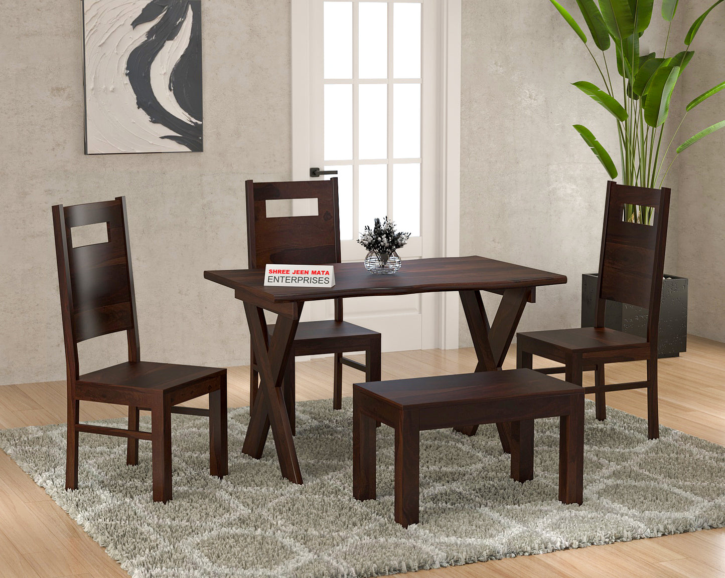 Solid Wood 4 Seater Dining Table Set with 3 Chairs & 1 Bench